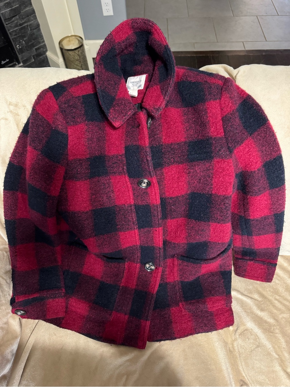 Forever 21 Red and Black Buffalo Plaid Pea Coat